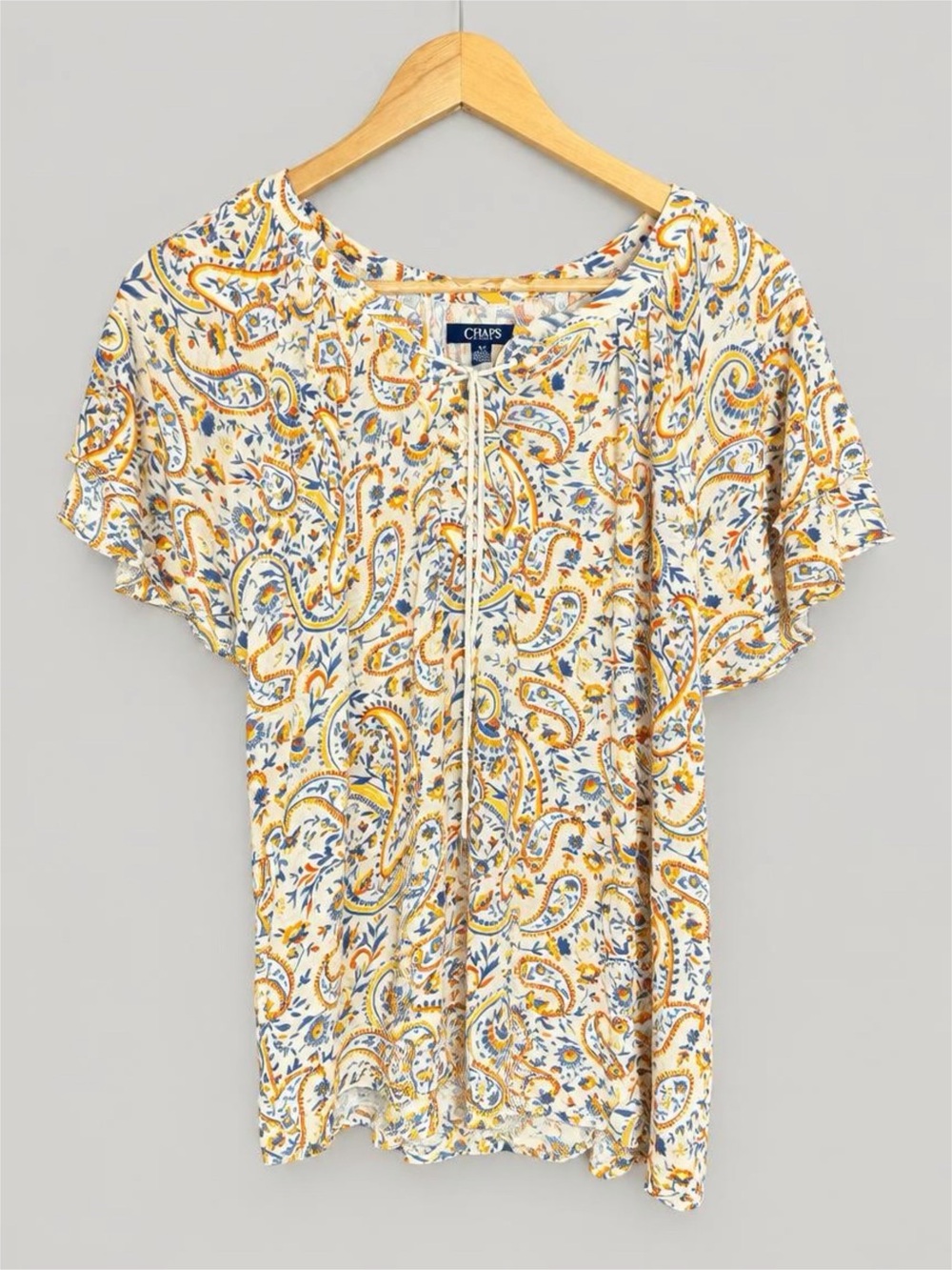 Chaps Women's Cream Paisley Ruffled Short-Sleeve Top - L